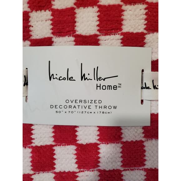 Nicole Miller Home Chenille Throw Blanket Pink White Checkered Fringe 50x70 New - Picture 4 of 13